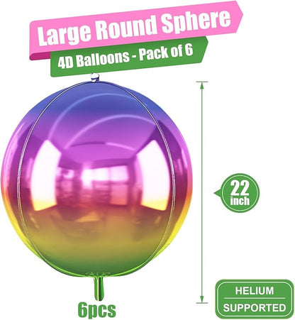6Pcs Gradient Rainbow Round Foil Balloons, 22" Large Helium Colorful Ball Balloon, Metallic Multicolor Iridescent Mylar Balloon for Birthday Graduation Wedding Anniversary Disco Prom Party Decorations