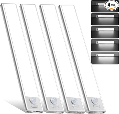 4 Pack Under Cabinet Lighting, Rechargeable Motion Sensor Light Indoor, Wireless Dimmable Magnetic Closet Lights, 32 LED Under Counter Lights for Kitchen, Wardrobe, Stairs, White Light