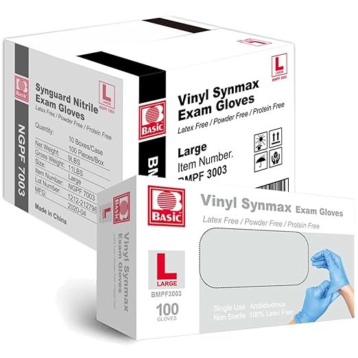 Jointown Medical Synmax Vinyl Exam Gloves - Latex-Free & Powder-Free - Large, BMPF-3003(Case of 1000,Blue)