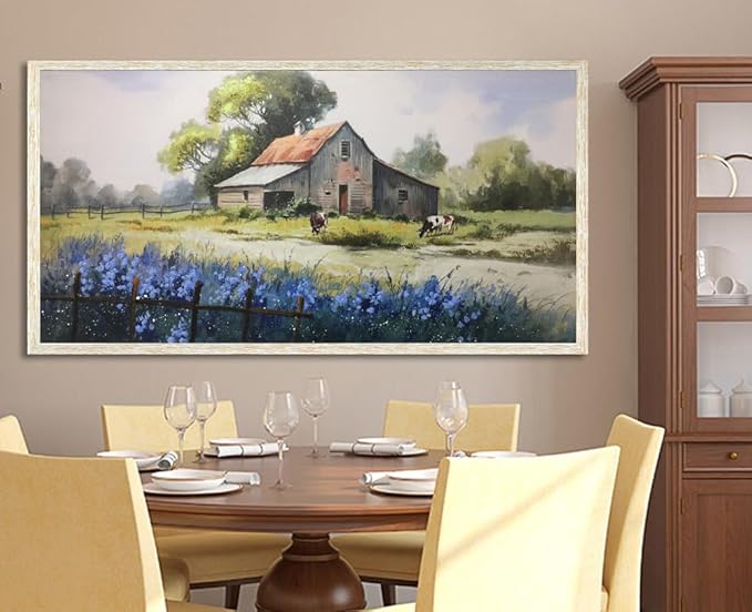 Ardemy Farmhouse Canvas Wall Art Large Framed Vintage Farm Cow Pictures Wall Decor Living Room Village Nature Painting Artwork Wall Art Bedroom Dining Room Home Office, 58"x29"