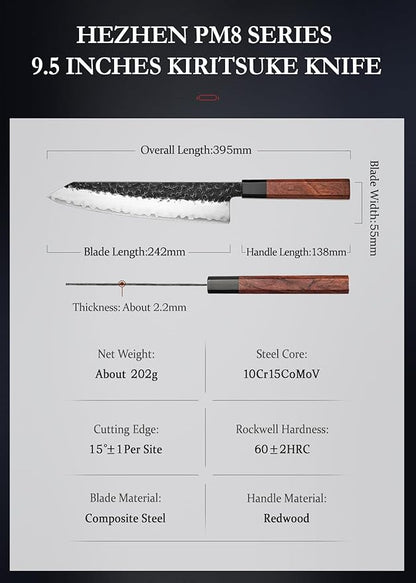 HEZHEN Kiritsuke Knife,9.5 Inches,3 Layers High Carbon Clad Steel Japanese Knife, Composite Forging Steel, Professionl Professional Japanese Kitchen Knife, Redwood Octagonal Handle