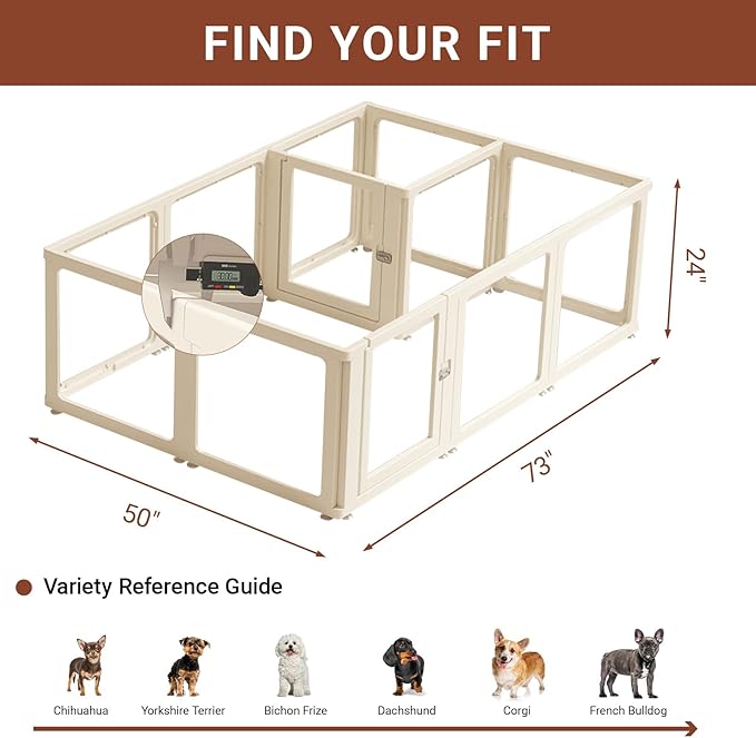 Transparent 12-Panel Dog Playpen, Acrylic Indoor/Outdoor Puppy Pen for Small & Medium Dogs, 24 Inch with Door, White(Fully Transparent 74 * 50 Two Rooms,24 inch)