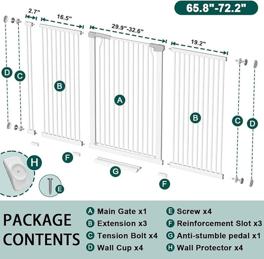 Fairy Baby 40.5" Extra Tall Baby Gate No Drill, 65.8"-72.2" Extra Wide Large Dog Gate, Pressure Mounted Walk Through Adjustable Tension Safety Gate, Auto Close Child Pet Gate for Stairs Doorway, White