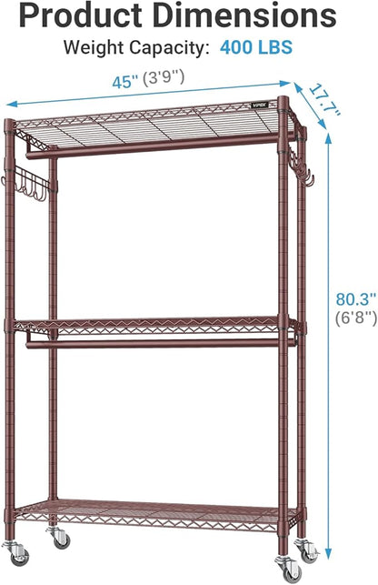 VIPEK R2 Plus Rolling Clothes Rack for Hanging Clothes Heavy Duty Clothing Rack 3 Tiers Adjustable Metal Wire Shelving Garment Racks with Side Hooks, Closet Organizers and Storage Wardrobe, Bronze