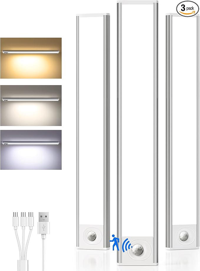 Under Cabinet Lighting Wireless,Rechargeable Battery Motion Sensor Light Indoor,LED Closet Lights USB Charging,3 Color Dimmable Under Cabinet Lights for Kitchen, Cabinet, Wardrobe (3 Pcs) 16inch