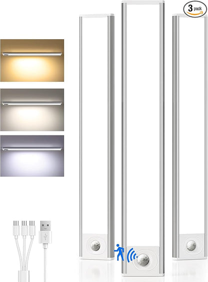 Under Cabinet Lighting Wireless,Rechargeable Battery Motion Sensor Light Indoor,LED Closet Lights USB Charging,3 Color Dimmable Under Cabinet Lights for Kitchen, Cabinet, Wardrobe (3 Pcs) 16inch