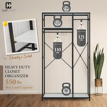 CAPHAUS 550 lbs Capacity Heavy Duty Clothing Rack, 40" W Metal Garment Rack with Drawers Hanging Rods and Wood Shelves Freestanding Closet Organizer, White Board