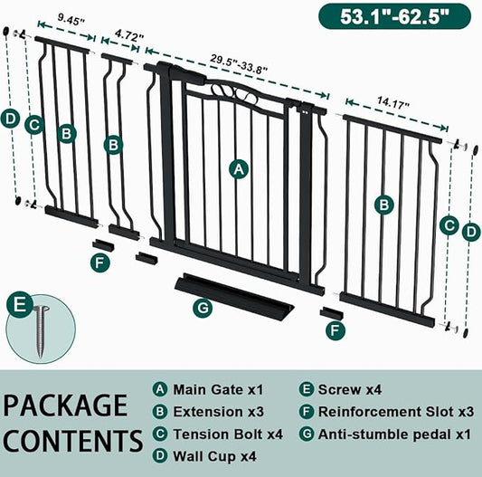 Fairy Baby 53.1"-62.5" Extra Wide Baby Gates for Stairs & Doorways, Pressure Mounted Baby Safety Child Gate No Drill, Long Dog Gate with Door Walk Thru, Metal Auto Close Large Pet Gate Indoor, Black
