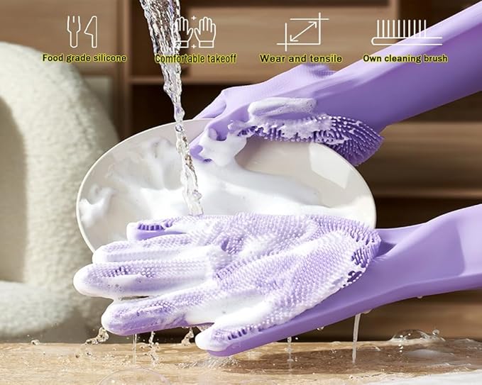 1 pairs Silicone Dishwashing & Pet Grooming Gloves - 2-in-1 Heat Resistant Gloves with High-Density Teeth, Enhanced Five Finger Design for Bathing, Cleaning Dishes, Cars, Dogs & Cats(Purple)
