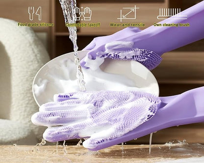 1 pairs Silicone Dishwashing & Pet Grooming Gloves - 2-in-1 Heat Resistant Gloves with High-Density Teeth, Enhanced Five Finger Design for Bathing, Cleaning Dishes, Cars, Dogs & Cats(Purple)