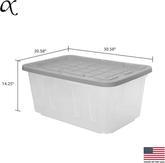 CX BLACK & YELLOW, 27-Gallon Heavy Duty Clear Storage Container & Snap-Tight Lid, Clear & Grey (14.3H x 20.6W x 30.6D), Weather-Resistant, Stackable, See-Through Organization Tote [4 Pack]