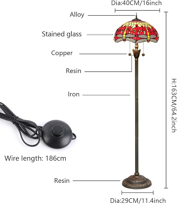 Tiffany Floor Lamp Dragonfly Red Stained Glass Floor Light Bright Lighting Rustic Standing Lamp Vintage Unique Bronze Reading Corner Lamp for Home Decor Living Room Bedroom 16X16X64 Inches