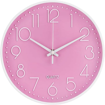 Wall Clock 10 Inch Non-Ticking Silent Modern Simple Style Round Decor Clock Pink Stereoscopic Dial Quartz Wall Clocks for Home/Office/School/Living Room/Bedroom/Kitchen
