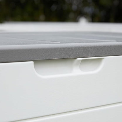 100 Gallon Plus Resin Deck Box, Waterproof Outdoor Storage Bin for Patio Furniture, Pool Accessories, and Garden Tools, Lockable & UV-Resistant, White