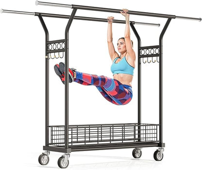 Heavy Duty Clothes Rack - Double Rod Clothing Racks for Hanging Clothes, Portable & Adjustable Garment Rack with Wheels, Rolling Clothes Rack Load 670LBS for Bedrooms, Laundry, Closet (Black)