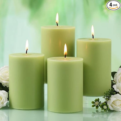 4 Pack Sage & White Tea Scented Pillar Candles,Natural Soy Wax Pillar Candles-2.8x4In,60H Long Lasting Burning Fragrance Candles for Home,Spa,Stress Relief & Wedding,Dinner Table(Sage Green)