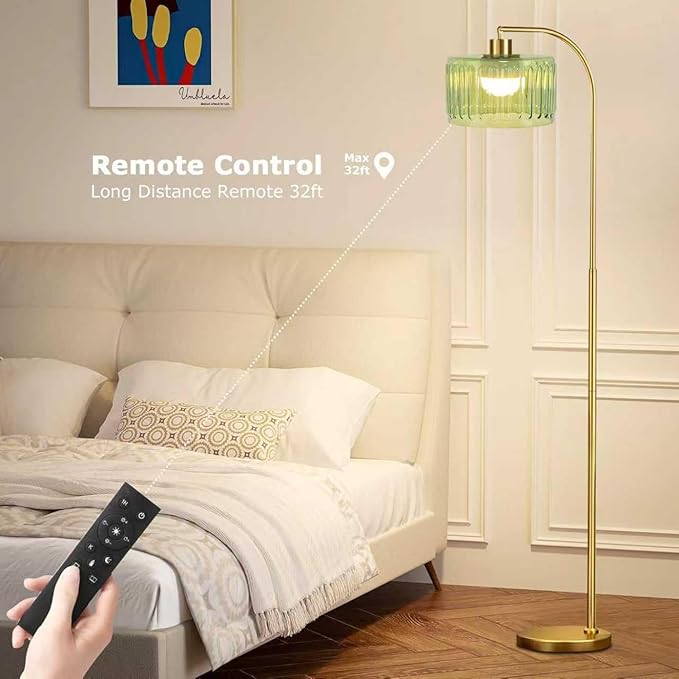Gold Floor Lamp for Living Room,Bedroom,Mid Century Modern Standing Lamp with Remote,Dimmable Brass Tall Lamp Glass Lamp Vintage Retro Arc Floor Lamps Flower Floor Light Boho Bohemian