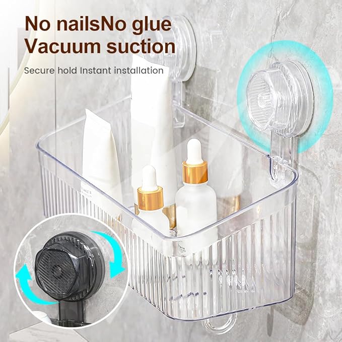 No-Drill Bathroom Suction Storage Box, Corrugated Suction Cup Wall Organizer, Removable Hanging Storage Basket with Strong Hold, Acrylic Shower Caddy for Bathroom (Clear S)