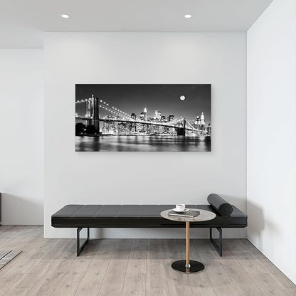 Baisuart-Q30398 Brooklyn Bridge Night View 1 Panels Landscape Artwork Canvas Prints Moon Night New York City Scene Picture Paintings Black and white Wall Art for Oiffce Home Decorations Wall Decor