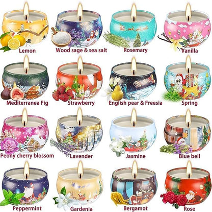 16 Pack Christmas Scented Candles Gift Set 2.5oz Strong Fragrance jar Candles Natural Soy Wax Candles Portable Travel Tin Jar Candles Gifts for Home Scented Decoration Birthday Valentine'sDay