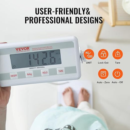 VEVOR Portable Medical Scale, Professional Physician Scale for Weighing - with Anti-Slip Platform, 2 Units, Hold & Tare Function, Digital Physician Weight Scale for Gym Home Hospital, 440LBS Capacity