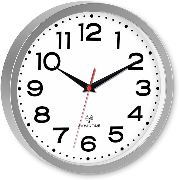 Atomic Wall Clock 10 Inch, Modern Clock Battery Operated Classic Analog Decorative for Kitchen, Living Room, Office, Bedroom, Bathroom (Silver)