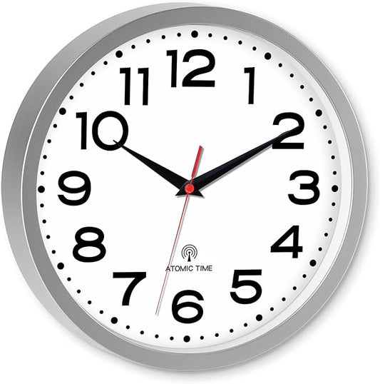 Atomic Wall Clock 10 Inch, Modern Clock Battery Operated Classic Analog Decorative for Kitchen, Living Room, Office, Bedroom, Bathroom (Silver)