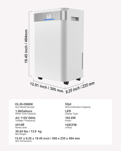 VEVOR 52 Pints Dehumidifier for Home & Basement, 4000 Sq.Ft Large Coverage, Drain Hose for Commercial & Industrial Use, Smart Humidity Control, Low Noise for Warehouses, Bathroom, Bedrooms & Storage