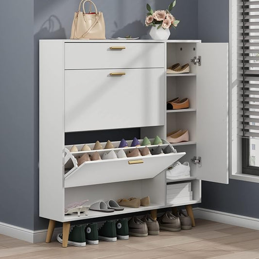 Shoe Rack Cabinet, Free Standing Shoes Storage Organizer Cabinet with 2 Flip Drawers, Entryway Narrow Shoe Rack Storage with Doors for Entryway