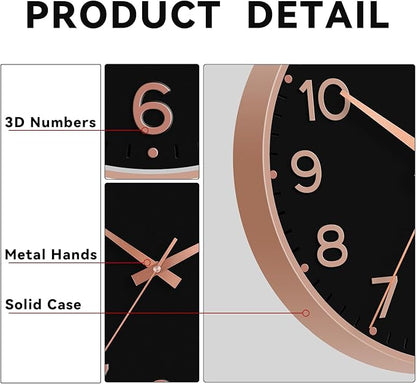 Wall Clock, Silent Wall Clocks Battery Operated 8 Inch-Modern Non Ticking Analog Clock Decorative for Kitchen Office Bathroom Bedroom(Black Rose Gold)