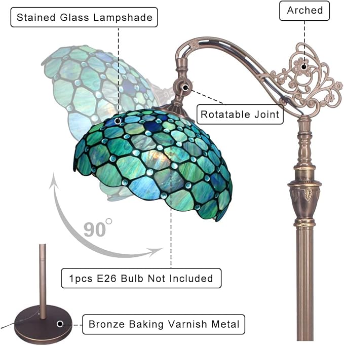 Tiffany Floor Lamp Stained Glass Lamp 18.88X12X67 Inch Angle Adjustable Arched Gooseneck Antique Reading Light (Sea Blue Pearl)