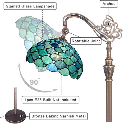 Tiffany Floor Lamp Stained Glass Lamp 18.88X12X67 Inch Angle Adjustable Arched Gooseneck Antique Reading Light (Sea Blue Pearl)