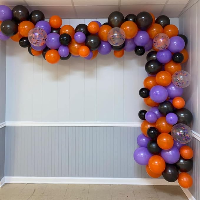 Orange Black Purple Balloons Pack of 75, 12 Inch Halloween Color Party Balloons Matte Black Orange Dark Purple Helium Latex Balloons with Ribbon for Kids Birthday Baby Shower Scary Party Decorations