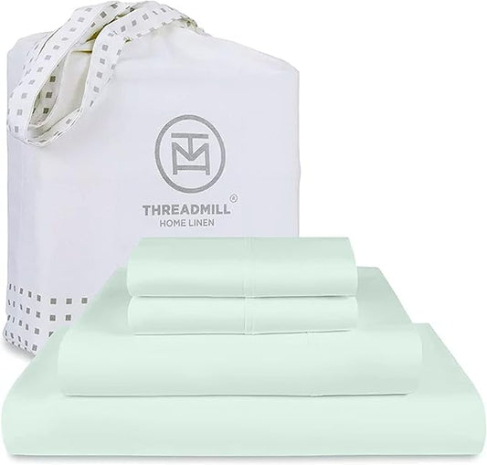 Threadmill Queen Sheet Set | 600 Thread Count Bed Sheets for Queen Mattress with 16” Deep Pocket | Sateen Weave 4-Piece Bedding Set with Cooling Effect | Seaglass