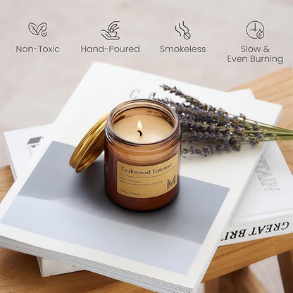 M&SENSE Teakwood Intense Scented Christmas Candle Gift, Aromatherapy Candle Set for Women, Soy Wax Candles Home Scented, Long Lasting Amber Jar Candles Gift for Christmas, Thanksgiving, Holiday