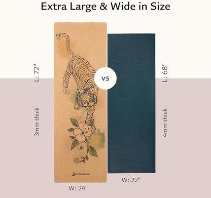 Shakti Warrior Cork Yoga Mat - Artist Designed, Premium Printed Eco-Friendly Non-Slip mat, Great for Regular & Hot Yoga, Pilates, Workouts 72 inch x 24 inch x 3mm Thick