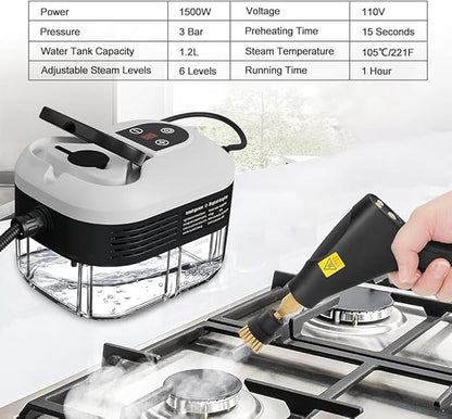 Steam Cleaner, 6-Levels Adjustable Switch Handle, 15s Heat-Up, 1.2L Tank, Steamer for Cleaning with 8 Pcs Accessories, Steam Cleaner for Home for Dirt, Grease, Grout, Tile,Floor,Couch and Car Black