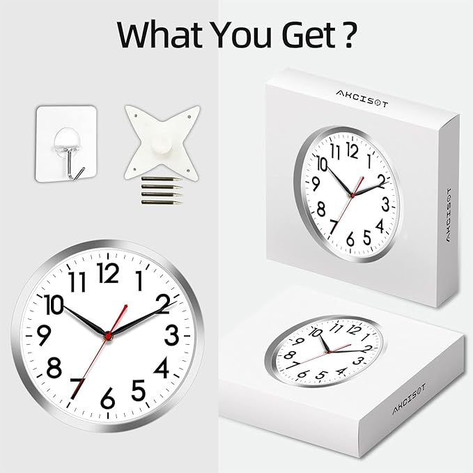 AKCISOT Wall Clock 12 Inch Silent Wall Clocks Battery Operated Non Ticking - Modern Silver Clock Decorative for Kitchen, Bathroom, Bedroom, Living Room, Office, Home