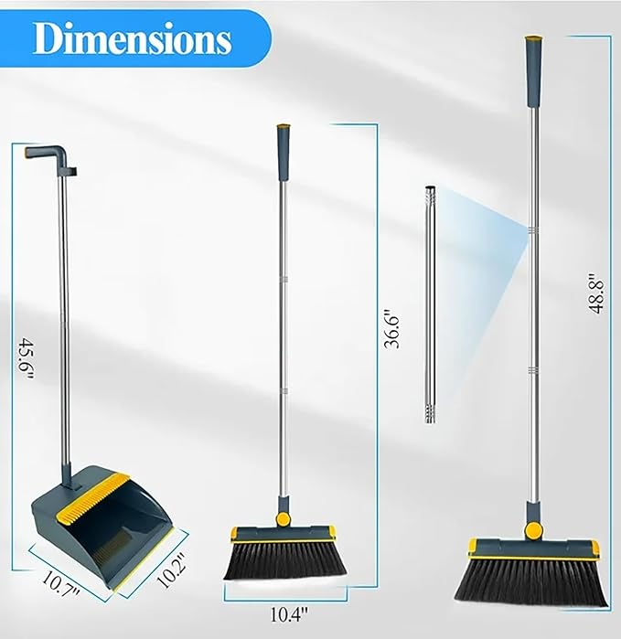 Broom and Dustpan Set 50" Long Handle Foldable Stand Up Broom and Dustpan with Comb Teeth for Indoor & Outdoor Sweeping Home Dog Cat Pets (Blue)