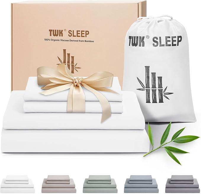 TWK Luxury Sheet Set, Genuine 100% Organic Viscose Derived from Bamboo, Cooling & Breathable, Silky Soft, Bedding Sheets & Pillowcases (White, California King)