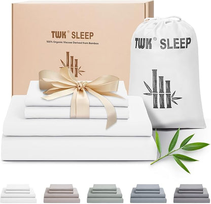 TWK Luxury Sheet Set, Genuine 100% Organic Viscose Derived from Bamboo, Cooling & Breathable, Silky Soft, Bedding Sheets & Pillowcases (White, California King)