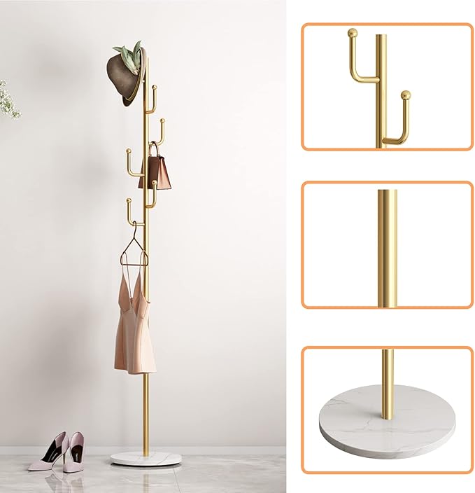 Gold Coat Rack, Free-standing Small Modern Coat Stand Tree with 6 Hooks, Marble Base, Hat & Coat Cactus Shape Hanger for Bedroom, Office, Metal Vintage, gold