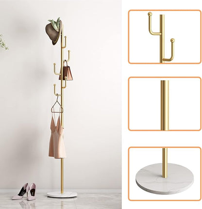 Gold Coat Rack, Free-standing Small Modern Coat Stand Tree with 6 Hooks, Marble Base, Hat & Coat Cactus Shape Hanger for Bedroom, Office, Metal Vintage, gold