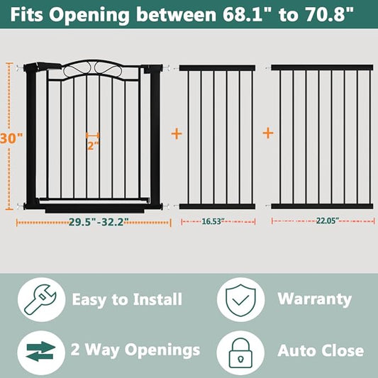 Fairy Baby 68.2"-70.8" Extra Wide Baby Gate with Door, 69 70 Inches Walk THR Baby Gates for Stairs Pressure Mounted no Drill, Indoor Tension Metal Child Pet Dog Safety Gate for Kids, Black