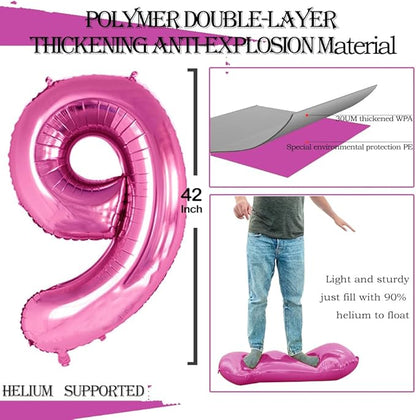 GOER Hot Pink Foil Balloons Number 9,Huge Number Balloons for 9th Birthday Party Supplies Anniversary Decorations(3 pcs,42 inch,32 inc,16inch)