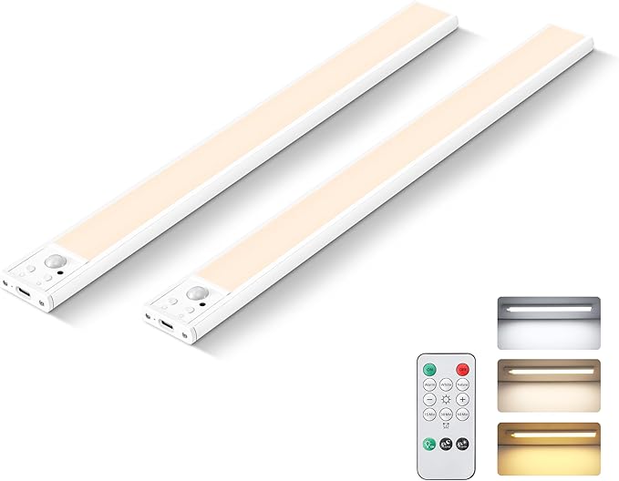 8 Inch Under Cabinet Lighting, 2 Pack Rechargeable Motion Sensor Light, USB Wireless Indoor Closet Lights, 3 Color & 5 Level Dimmable, Easy Installation Lights for Kitchen, Pantry, Stairs