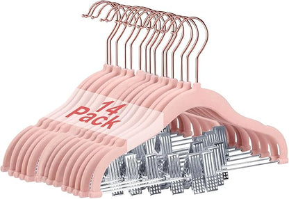Baby Hangers with Clips, 14 Packs Kids Velvet Clothes Hangers, Heavy-Duty Childrens Pant Hangers for Shirts, Pants, Skirts, Dresses, Jackets, Coatt Pink - Rose Gold Hook