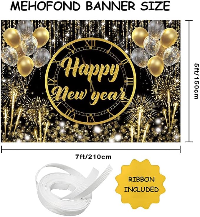 MEHOFOND Happy New Year Backdrop Hello 2026 NYE Cheers Party Decorations Gold Black Photography Background Kiss Me at Midnight New Year's Eve Festival Party Supplies Photobooth Banner 7x5ft
