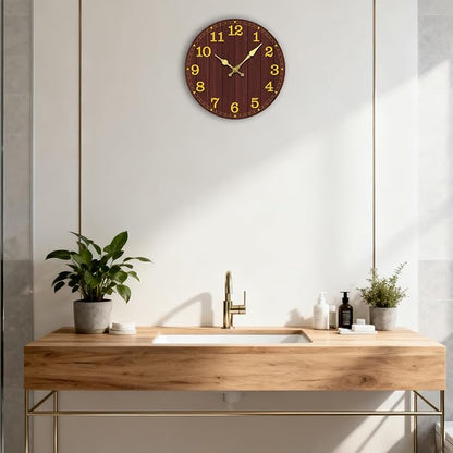 Wall Clock Battery Operated 8 Inch Brown Silent Non Ticking Country Rustic Design Vintage Retro Decorative for Bathroom Kitchen Bedroom