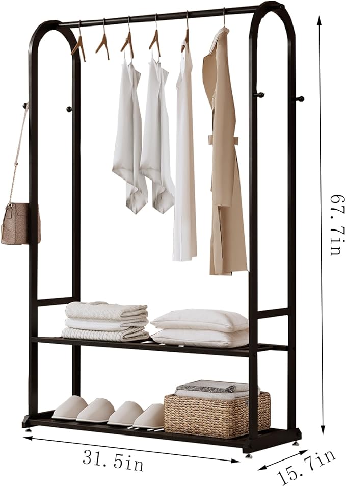 Heavy Duty Clothes Rack,Sturdy Metal Garment Racks for Hanging Clothes,Clothing Racks with bottom shelves & 6 Hooks,Multi-Functional Closet Rack for Bedroom Living room